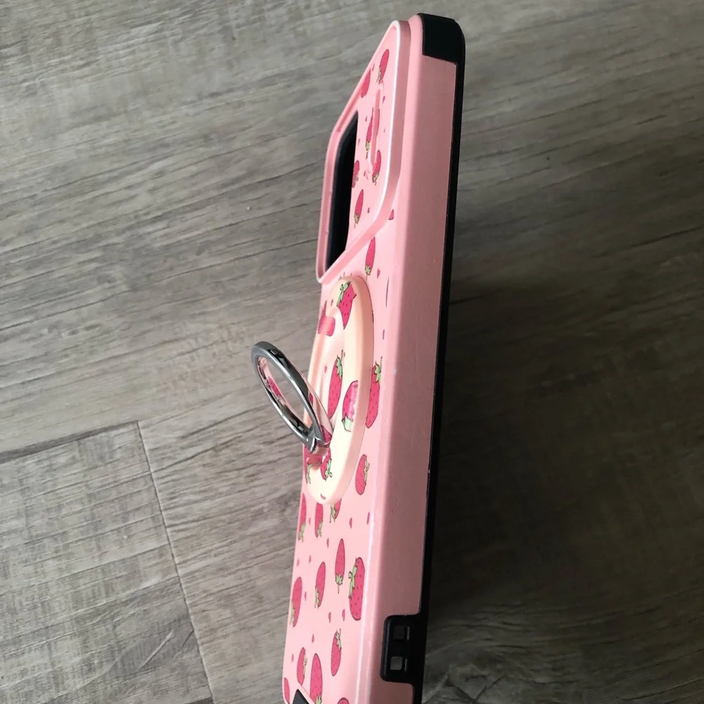 Pink Strawberry Pattern Phone Case with Ring Stand